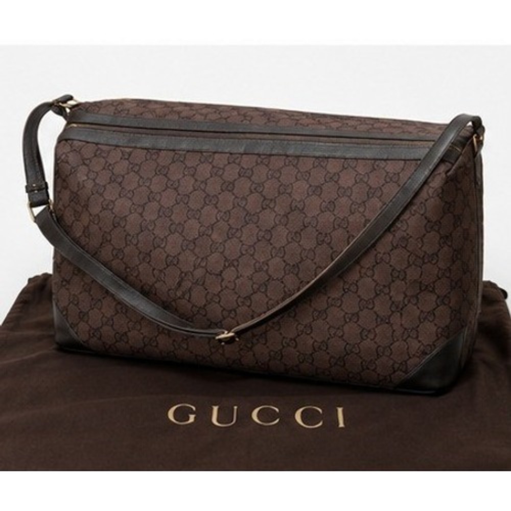 Gucci GG Supreme Monogram Messenger Bag Brown Leather Trim Crossbody